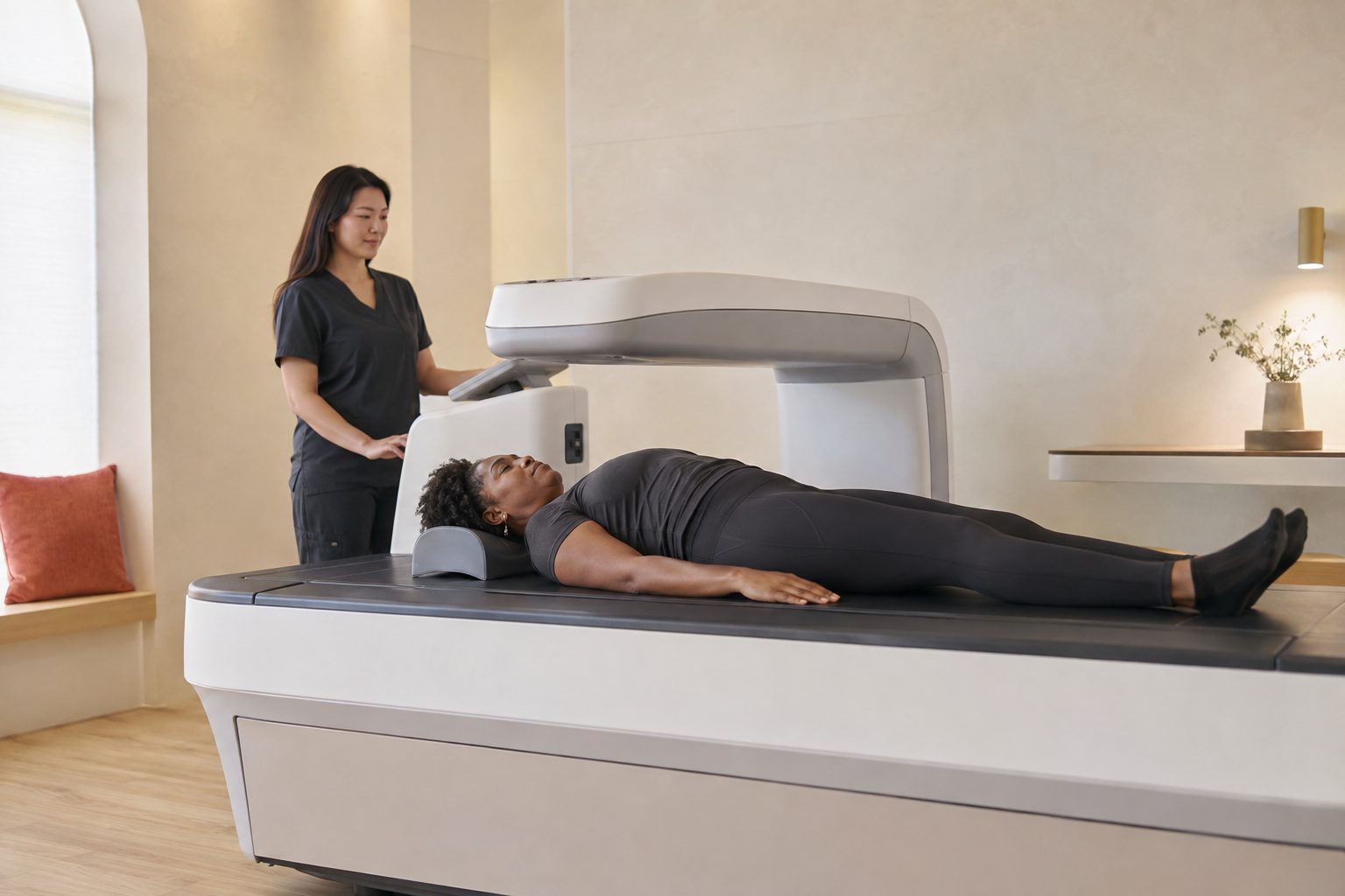 A guest lying on their back, fully clothed, on an open DEXA scanner table while a technician operates the scanner