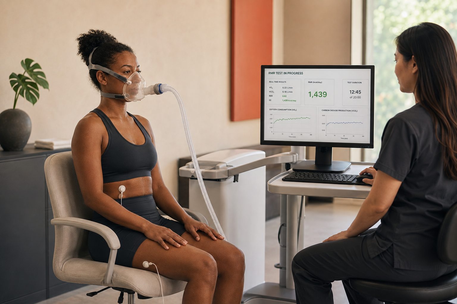 A guest seated at rest wearing a breathing mask during an RMR test, while a technician monitors oxygen consumption on screen